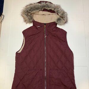 Eddie Bauer Burgundy Red Hooded Vest Womens Medium Faux Fur‎ Gorpcore Outdoor